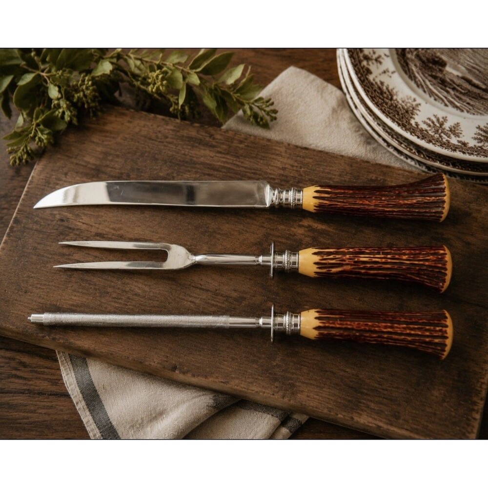 Vintage Sheffield England Carving Set Antler Style Handle Knife Fork Sharpener